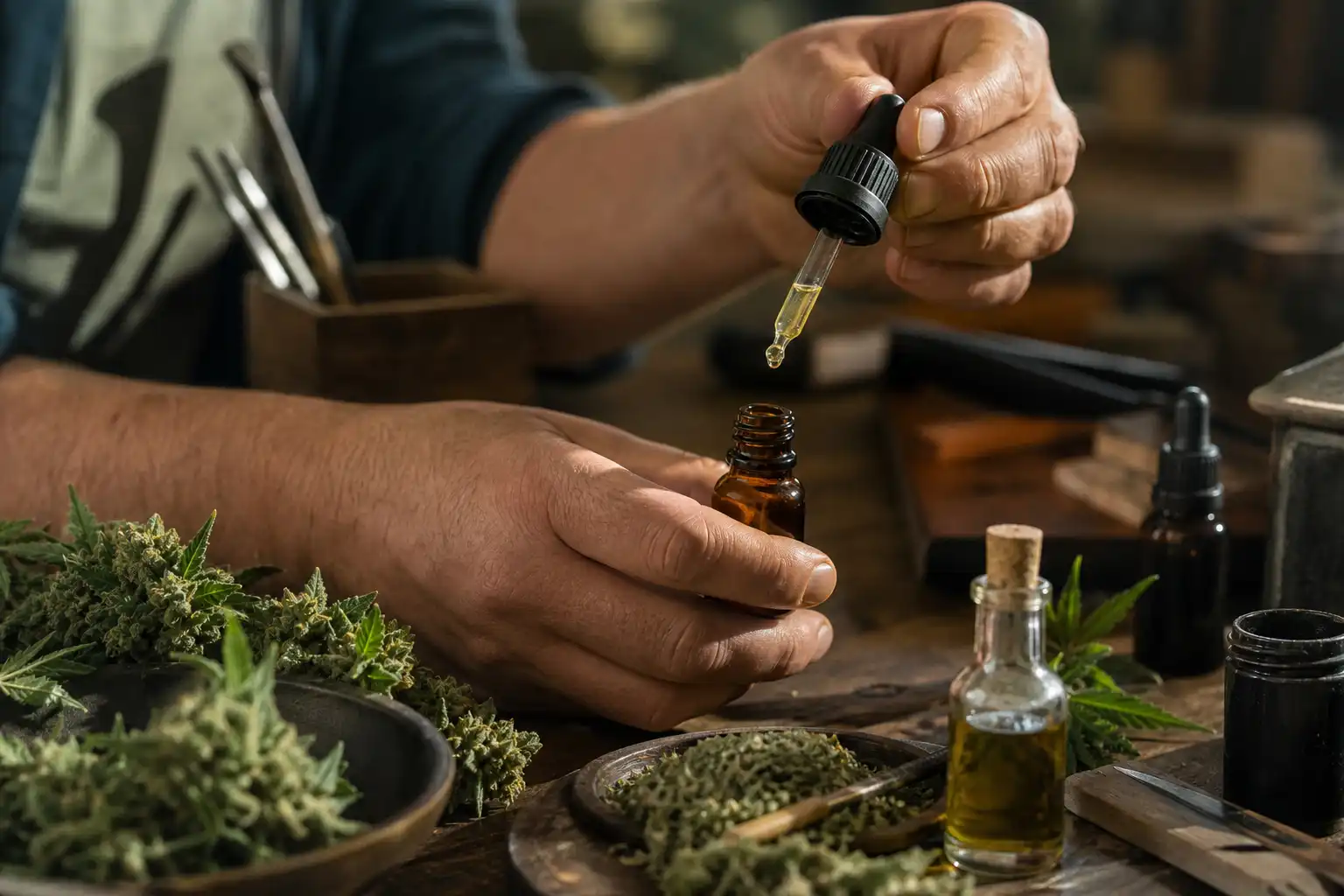 Des mains préparent quelque chose, autour de cbd stress travail, dans un atelier.