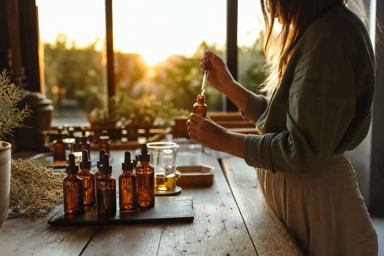 Quelqu'un prépare quelque chose, autour d'huiles cbd étiquettes, près d'une fenêtre.