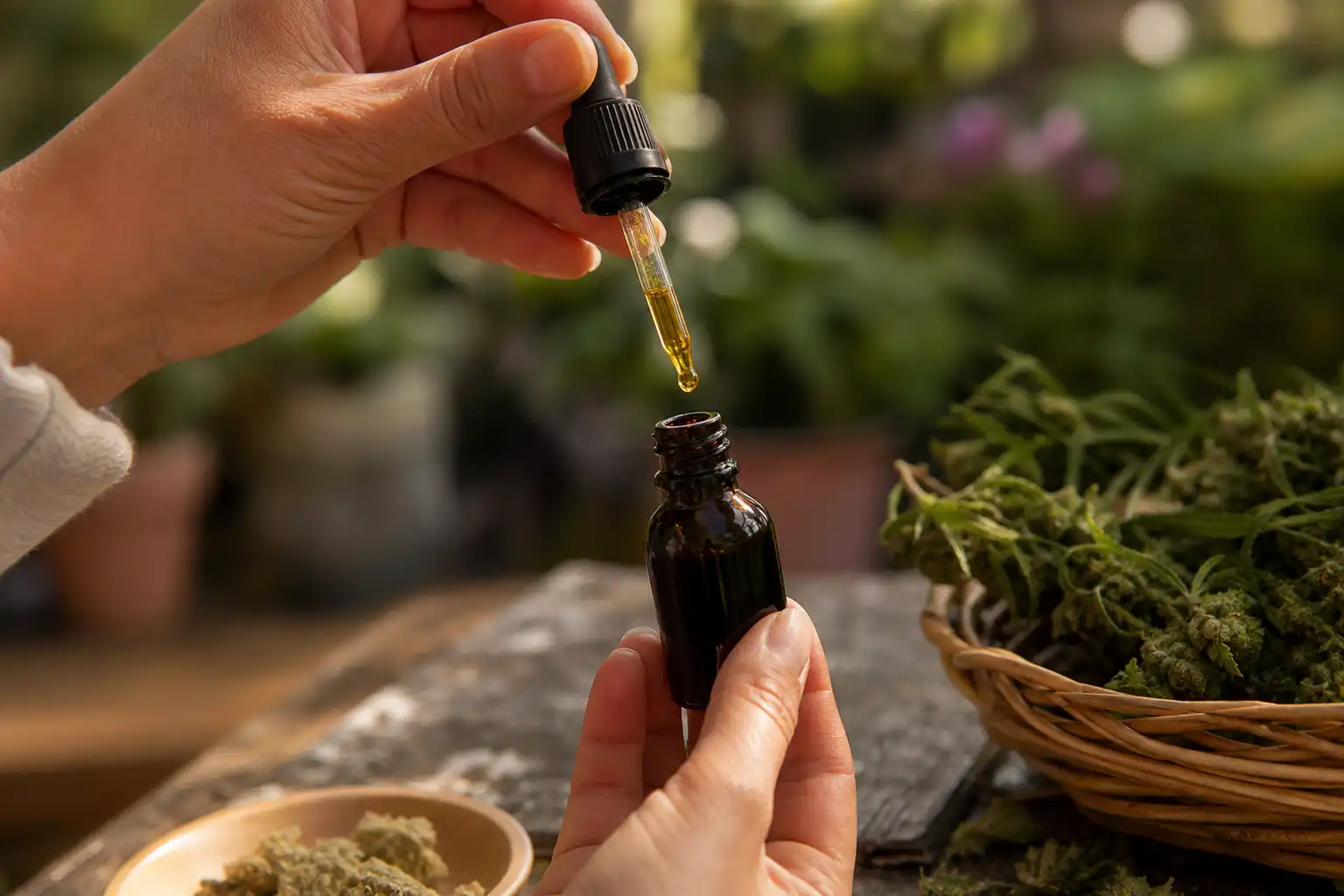 Des mains dosent quelque chose, autour de marques cbd lire, dans un jardin.