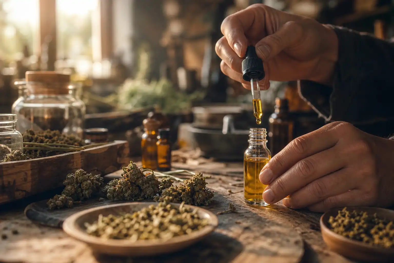 Des mains dosent quelque chose, autour de cbd produits lire, dans un atelier.