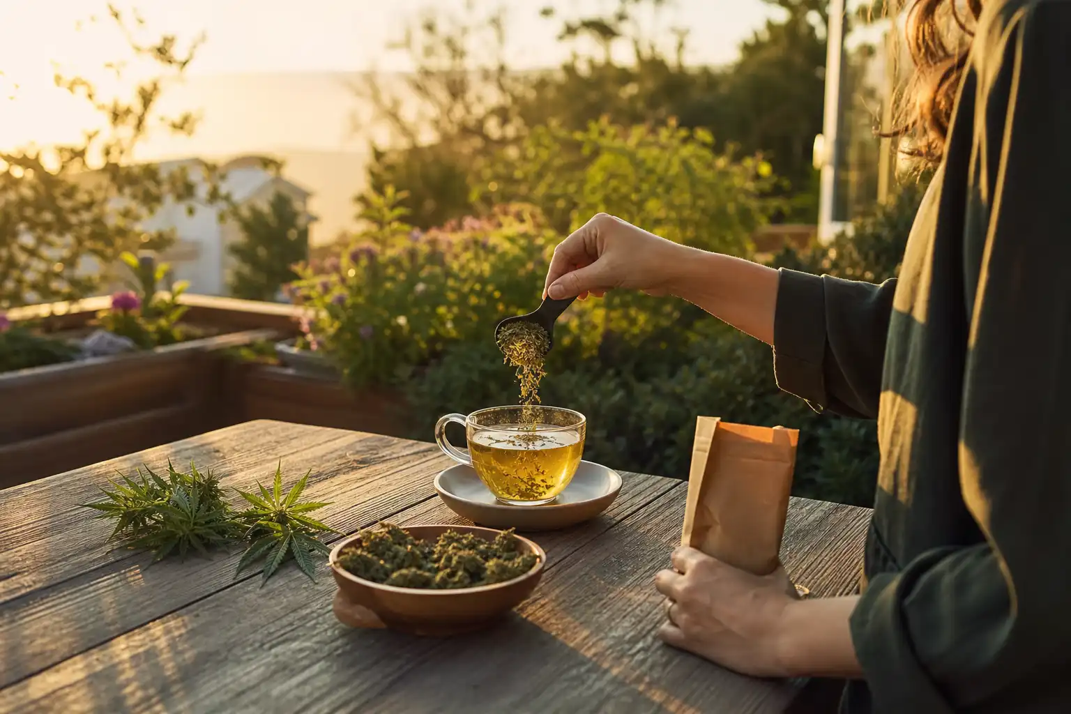 Quelqu'un dose quelque chose, autour d'une infusion de chanvre et ses fleurs séchées, dans un jardin.
