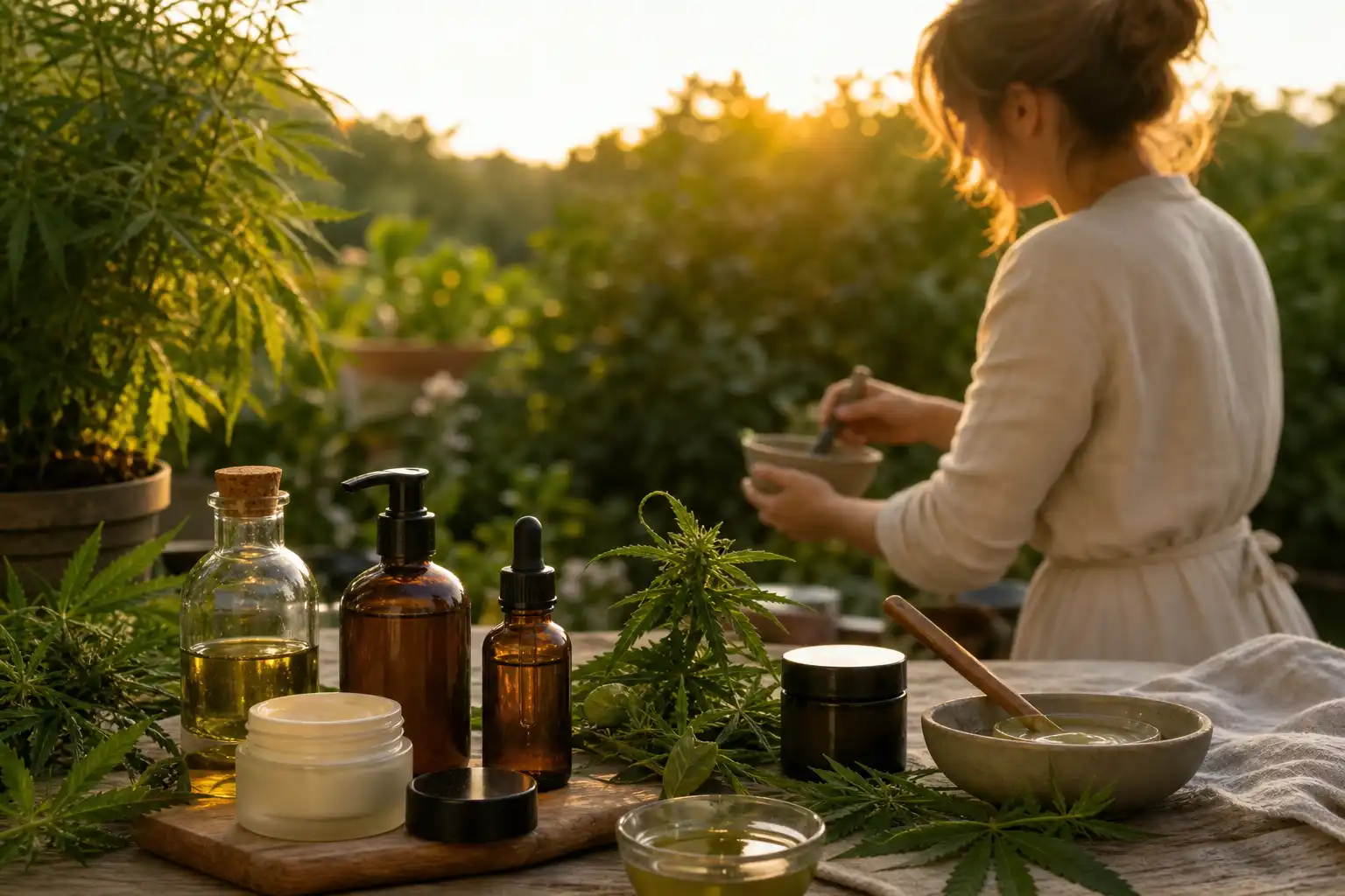 Quelqu'un prépare quelque chose, autour de cosmétiques cbd formules, dans un jardin.