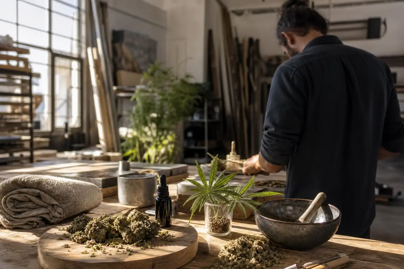 Quelqu'un prépare quelque chose, autour de cbd stress travail, dans un atelier.