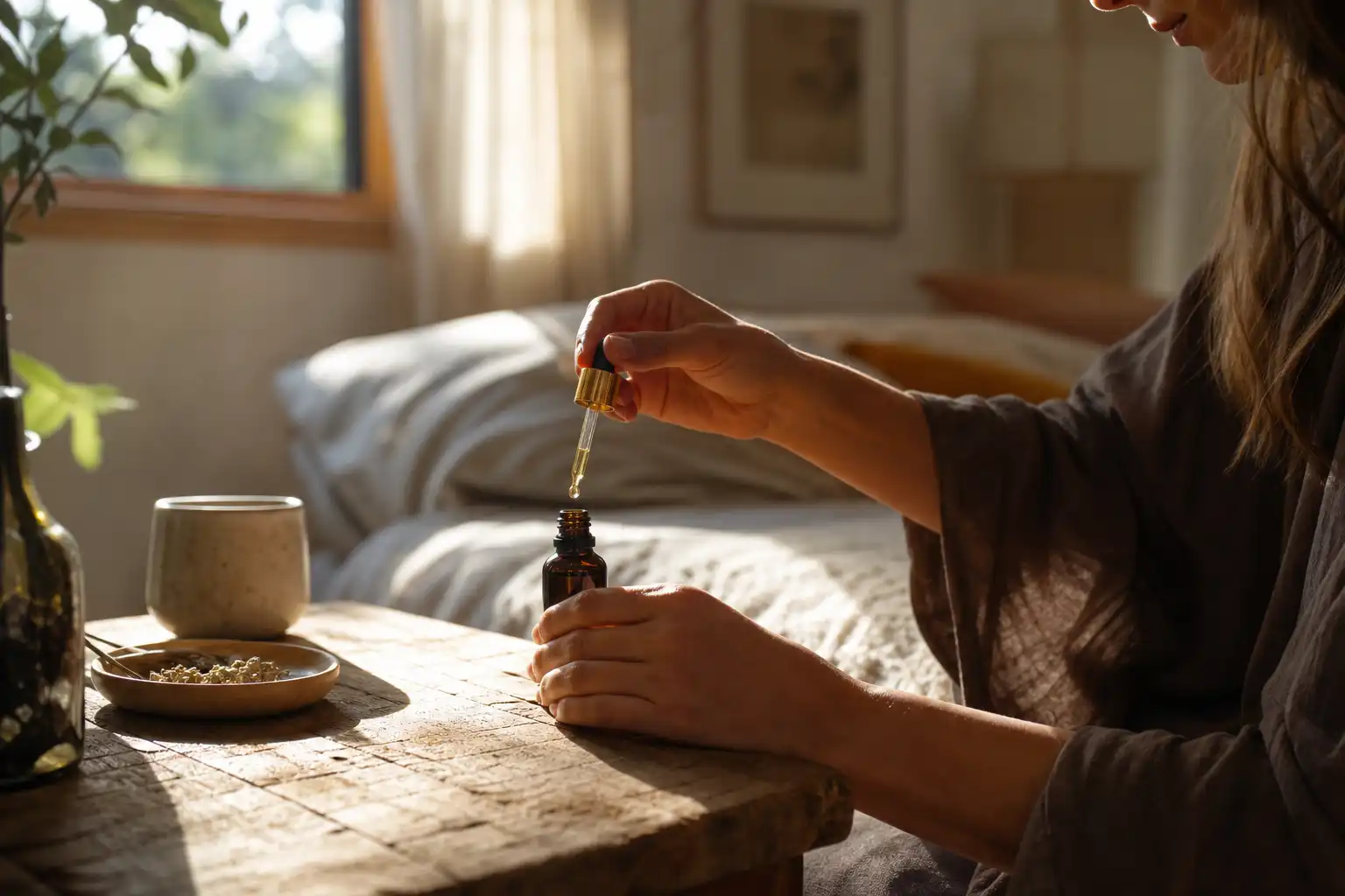 Quelqu'un dose quelque chose, autour d'huile cbd sommeil, près d'une table en bois.