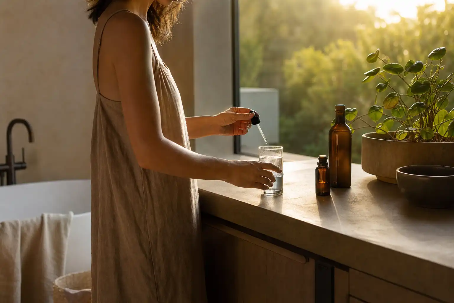Quelqu'un dose quelque chose, autour de boissons cbd regarder, dans une salle de bain.
