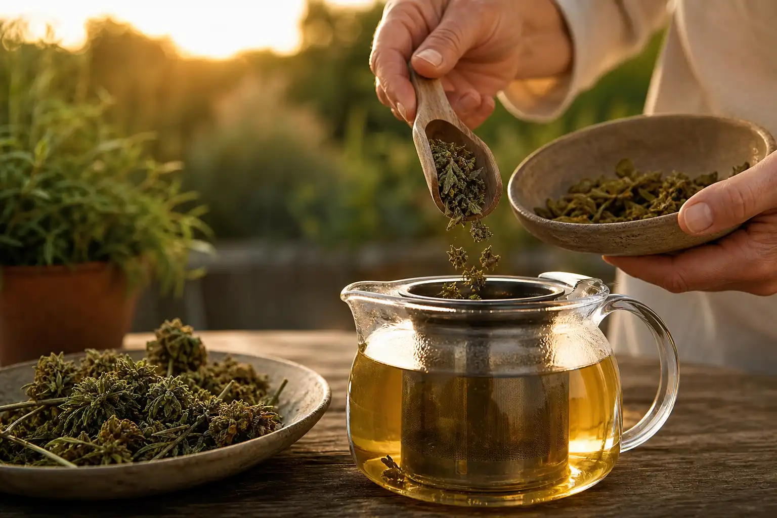 Des mains dosent quelque chose, autour d'une infusion de chanvre et ses fleurs séchées, dans un jardin.