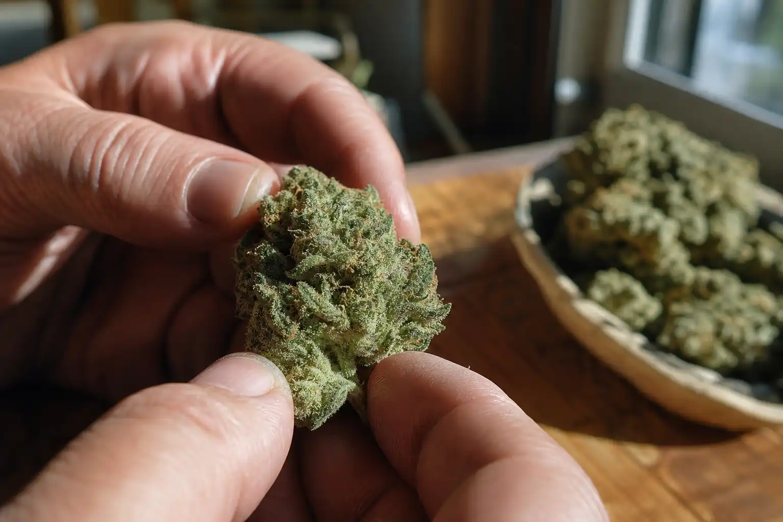 Des mains examinent un objet, autour de test site weedy, près d'une fenêtre.