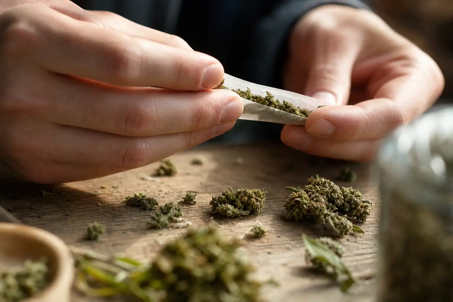 Des mains préparent quelque chose, autour d'arrêt thc cbd, près d'une table en bois.