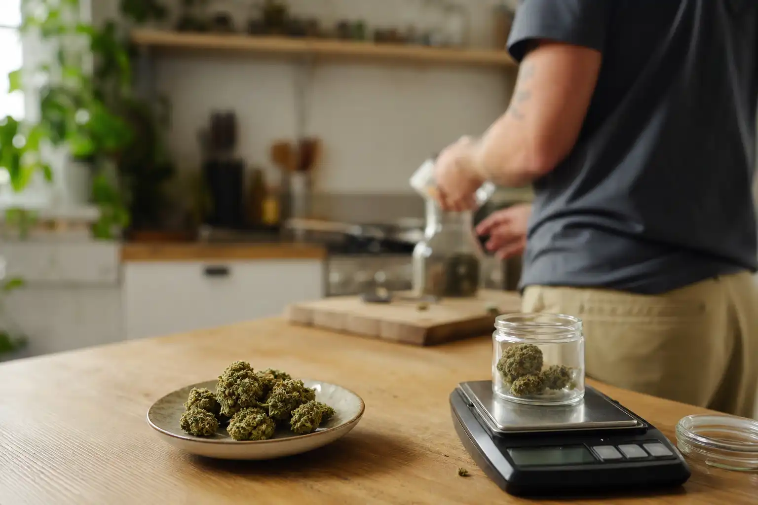 Quelqu'un prépare quelque chose, autour de test fleurs cbd, dans une cuisine.