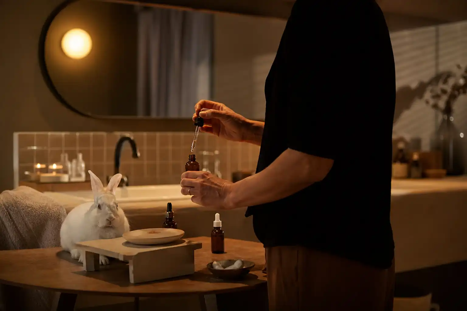 Quelqu'un dose quelque chose, autour de test produits animaux, dans une salle de bain.