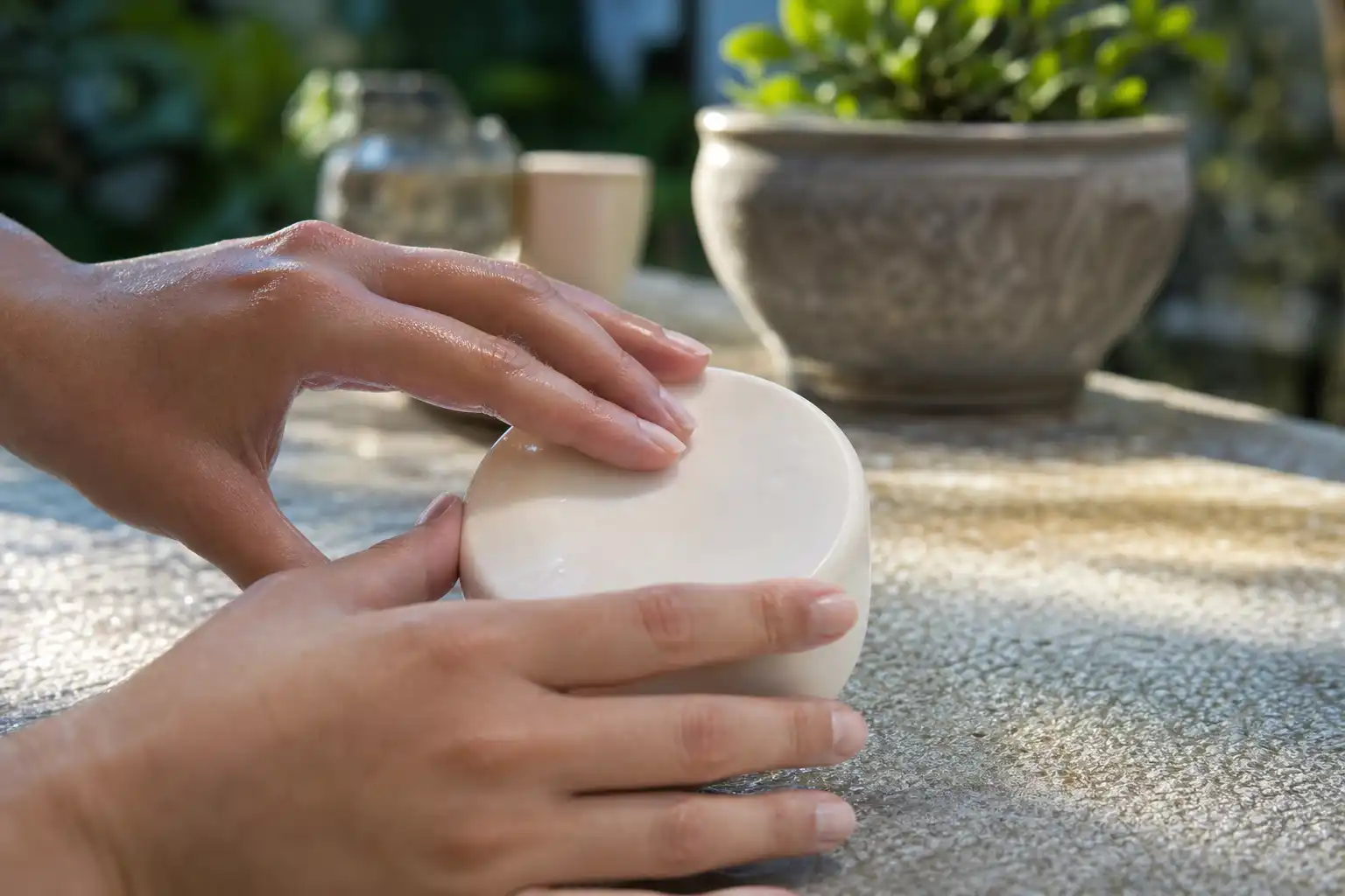 Des mains manipulent un objet, autour de test site ivoryswiss, dans un jardin.