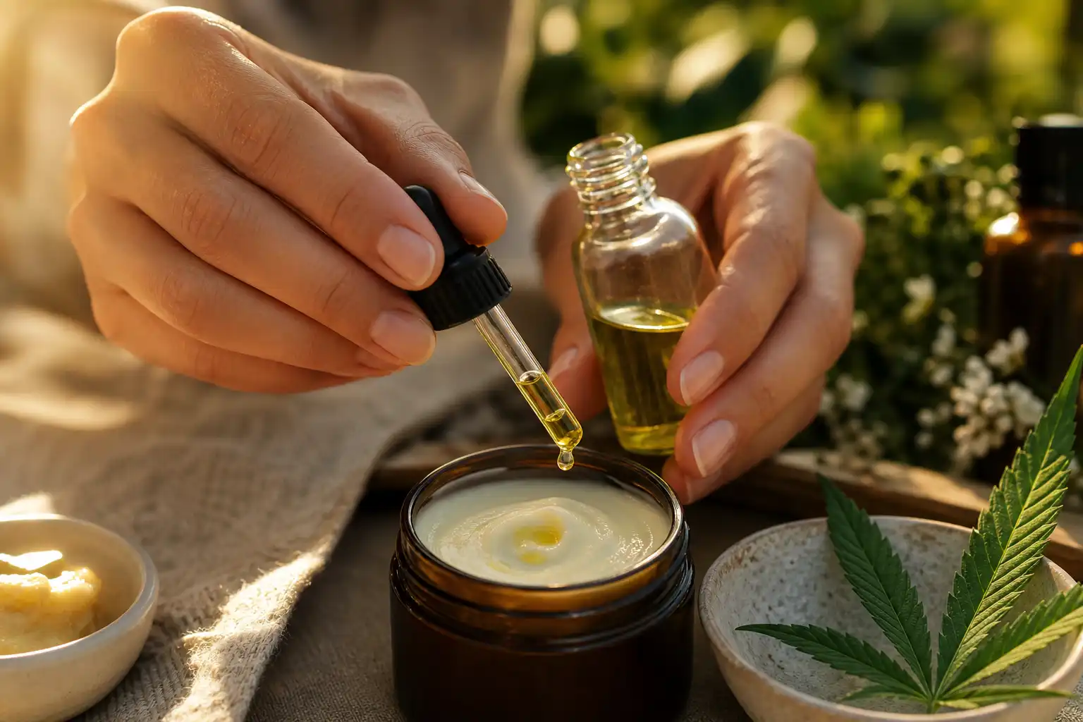 Des mains préparent quelque chose, autour de cosmétiques cbd formules, dans un jardin.