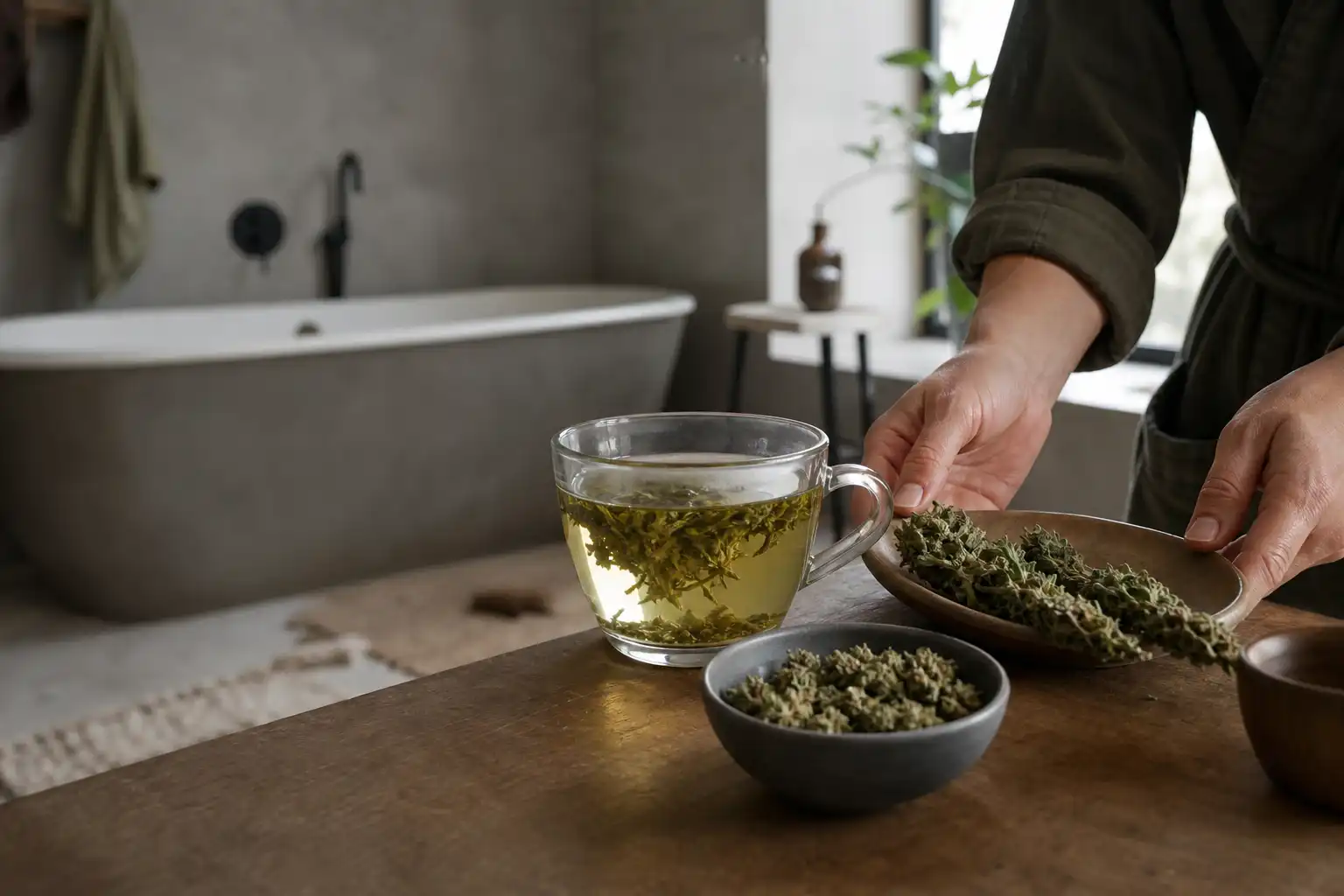 Quelqu'un dispose un objet, autour d'une infusion de chanvre et ses fleurs séchées, dans une salle de bain.