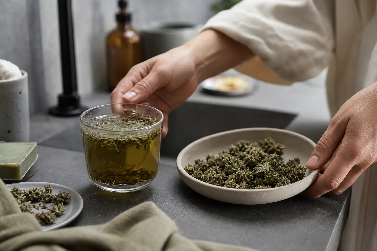 Des mains disposent un objet, autour d'une infusion de chanvre et ses fleurs séchées, dans une salle de bain.