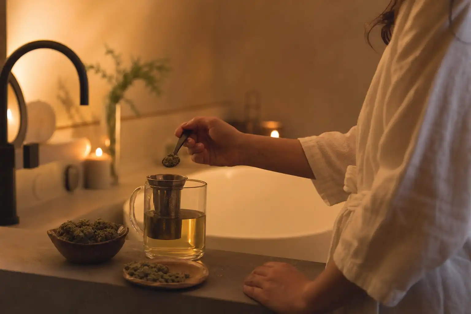 Quelqu'un dose quelque chose, autour d'une infusion de chanvre et ses fleurs séchées, dans une salle de bain.