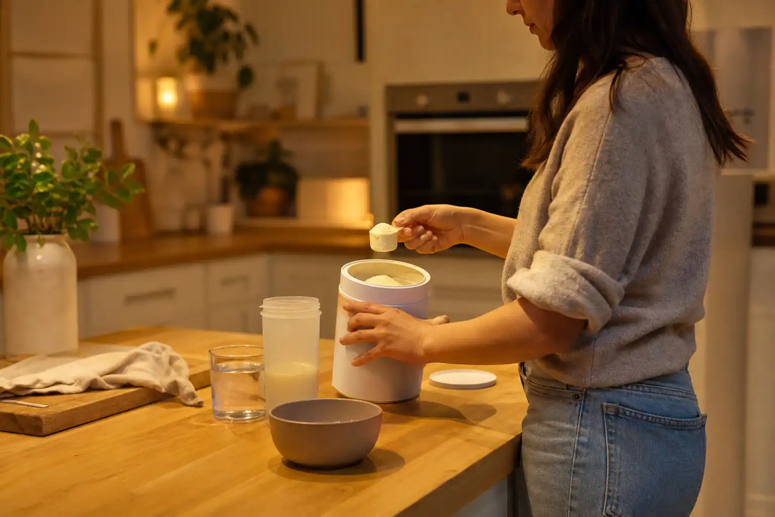 Quelqu'un dose quelque chose, autour de spécification pages thématiques, dans une cuisine.