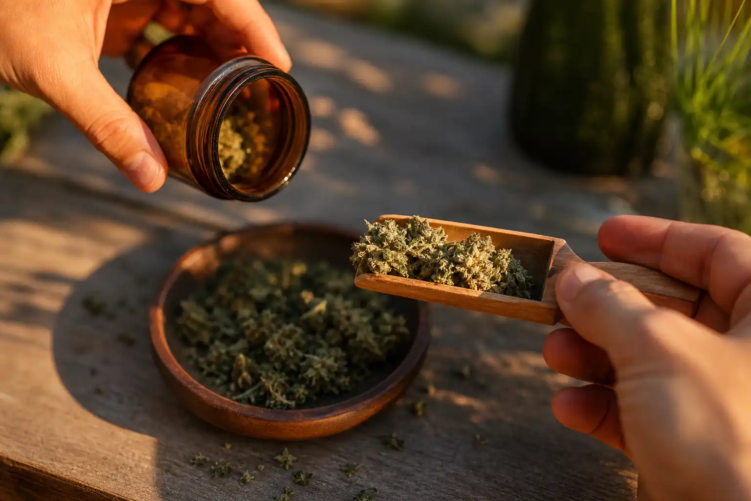 Des mains dosent quelque chose, autour de test site easyweedcbd, dans un jardin.