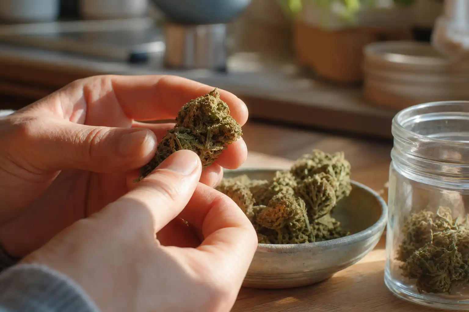 Des mains examinent un objet, autour d'arrêt thc cbd, dans une cuisine.