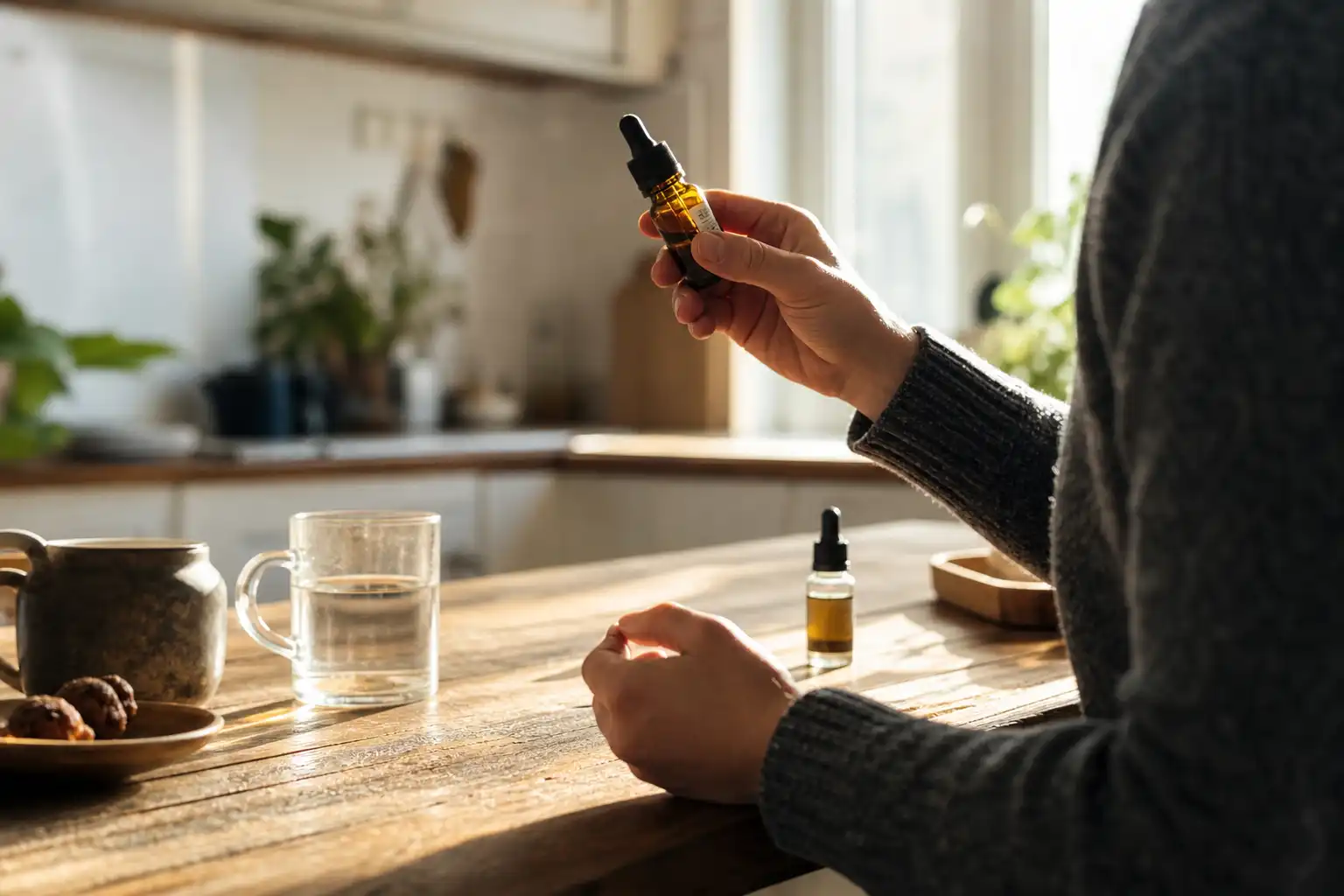 Quelqu'un examine un objet, autour d'arrêt thc cbd, dans une cuisine.