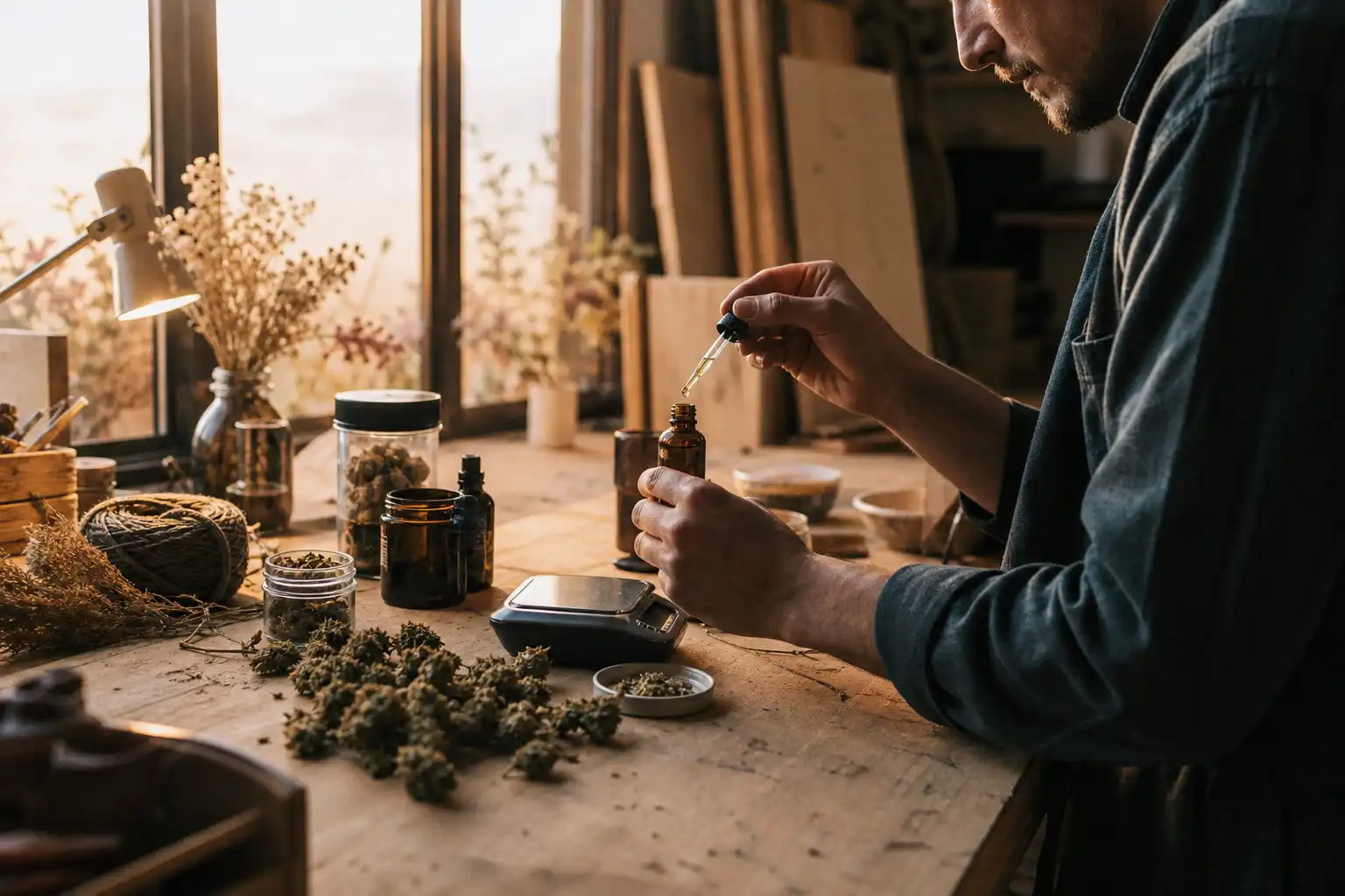 Quelqu'un dose quelque chose, autour de cbd produits lire, dans un atelier.