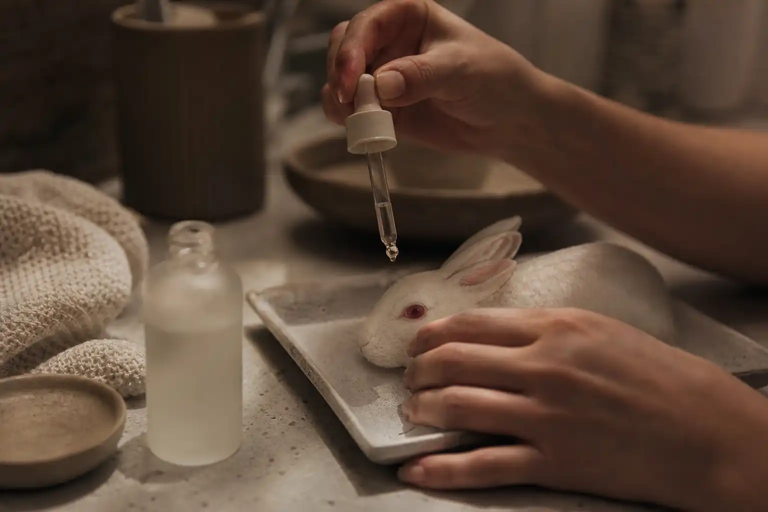 Des mains dosent quelque chose, autour de test produits animaux, dans une salle de bain.