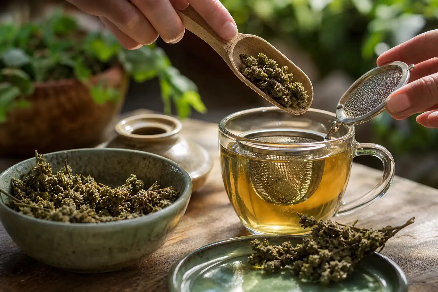 Des mains préparent quelque chose, autour d'une infusion de chanvre et ses fleurs séchées, dans un jardin.