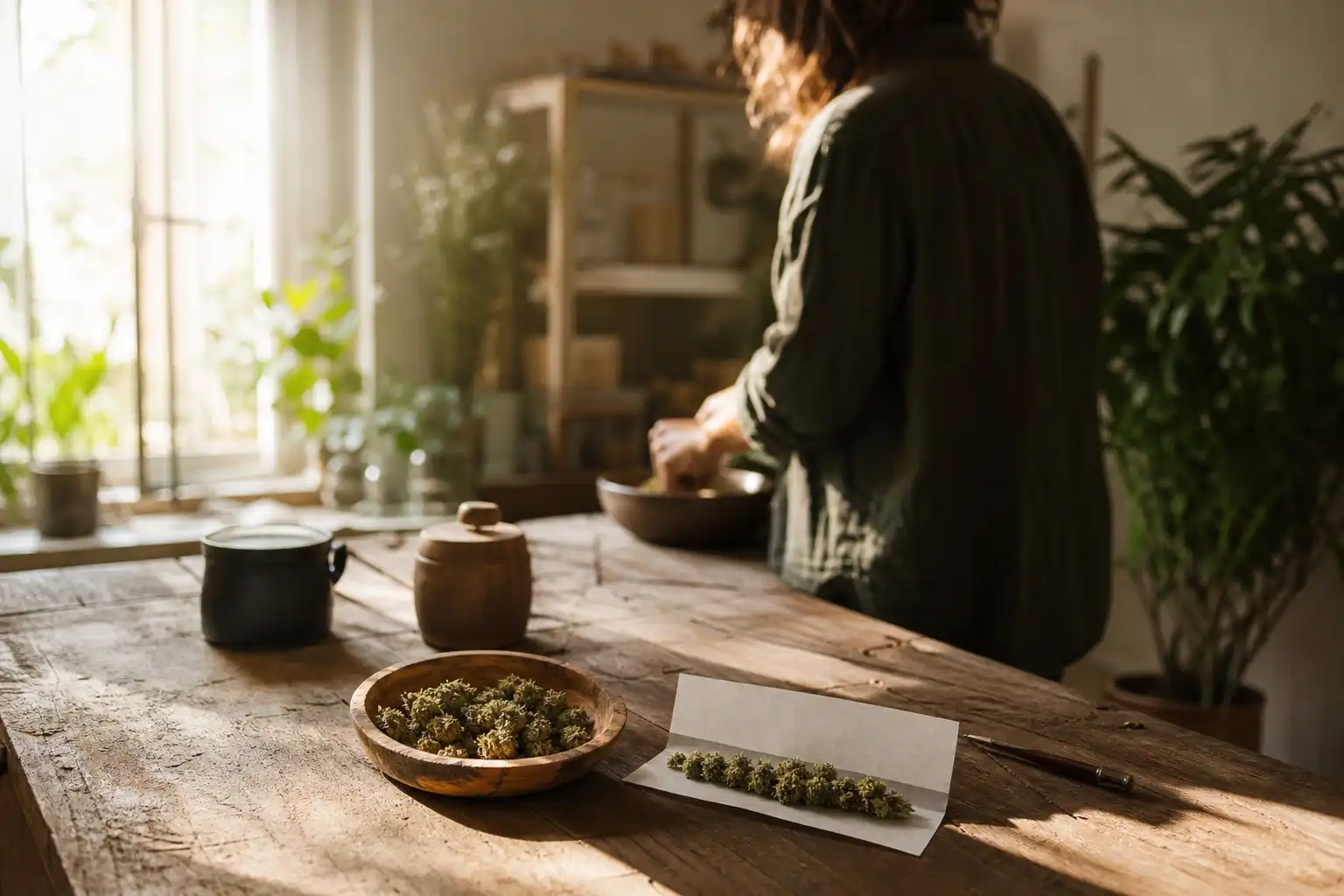 Quelqu'un prépare quelque chose, autour d'arrêt thc cbd, près d'une table en bois.