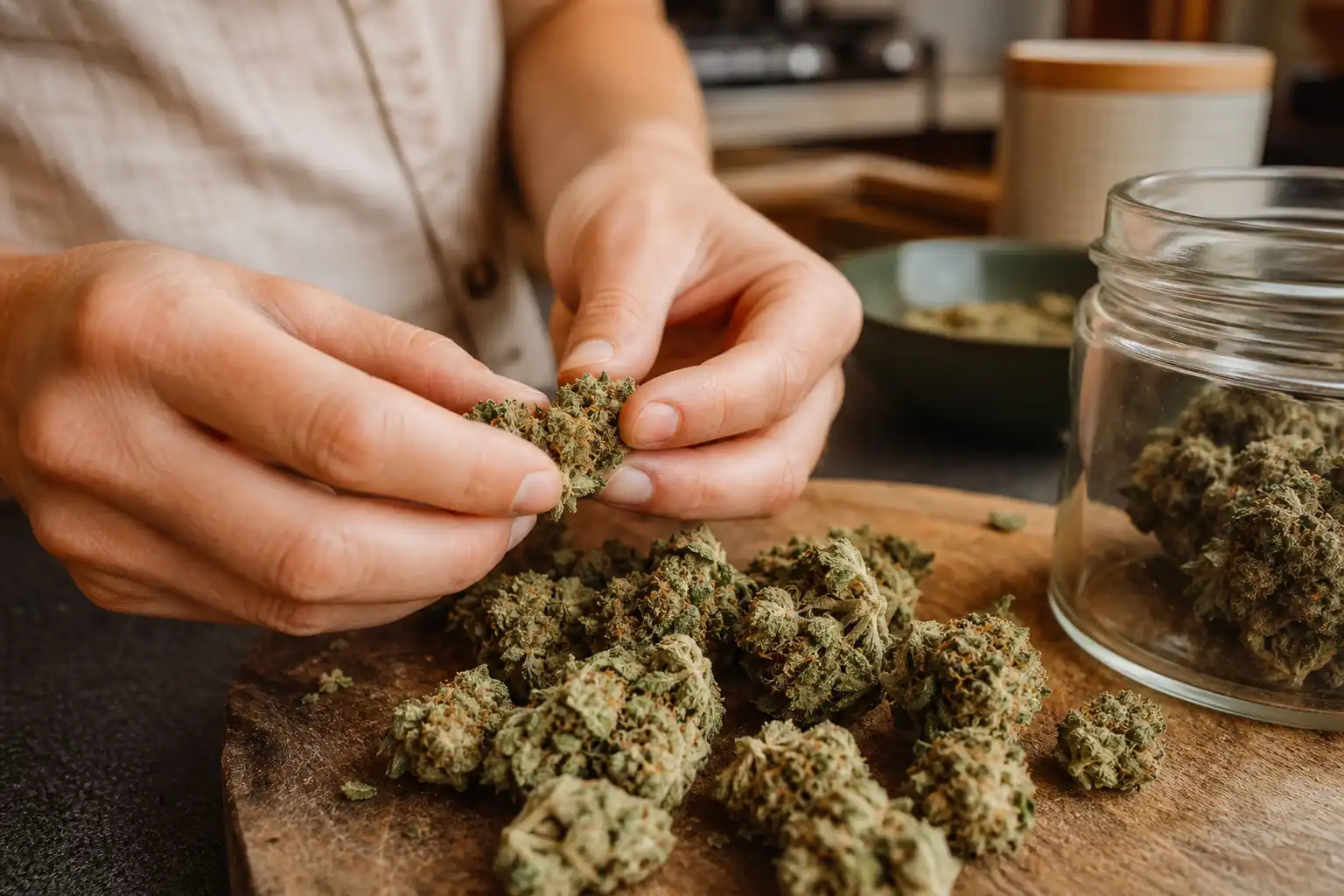 Des mains préparent quelque chose, autour de test fleurs cbd, dans une cuisine.