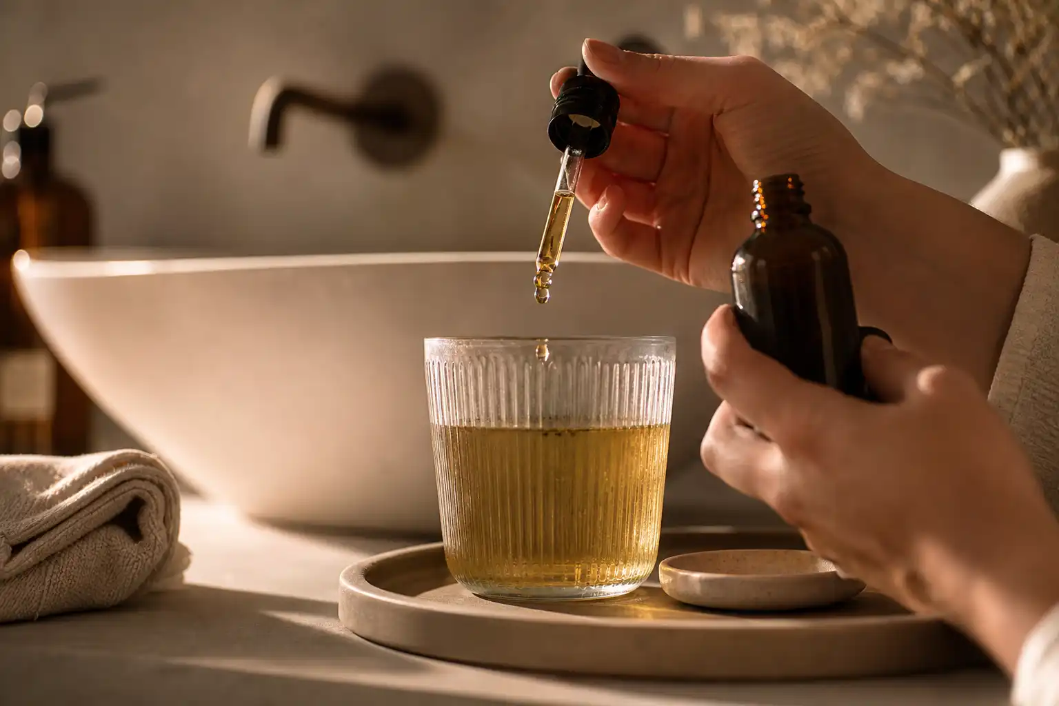 Des mains dosent quelque chose, autour de boissons cbd regarder, dans une salle de bain.