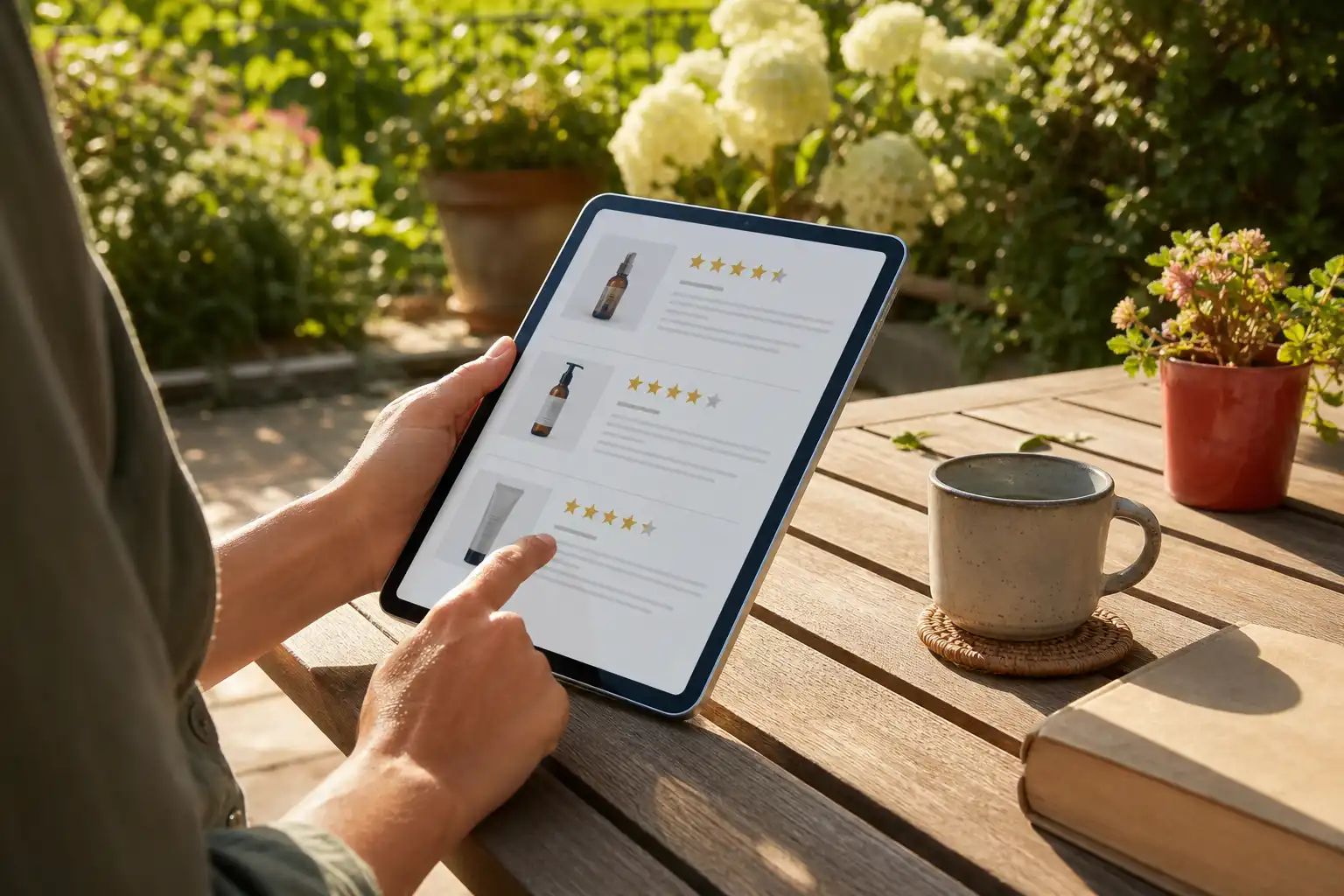 Quelqu'un examine un objet, autour d'avis sites produits, dans un jardin.