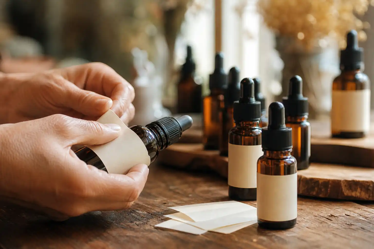 Des mains préparent quelque chose, autour d'huiles cbd étiquettes, près d'une fenêtre.