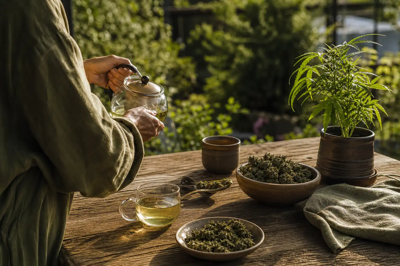 Quelqu'un prépare quelque chose, autour d'une infusion de chanvre et ses fleurs séchées, dans un jardin.