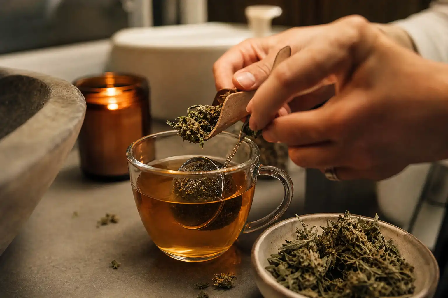 Des mains dosent quelque chose, autour d'une infusion de chanvre et ses fleurs séchées, dans une salle de bain.