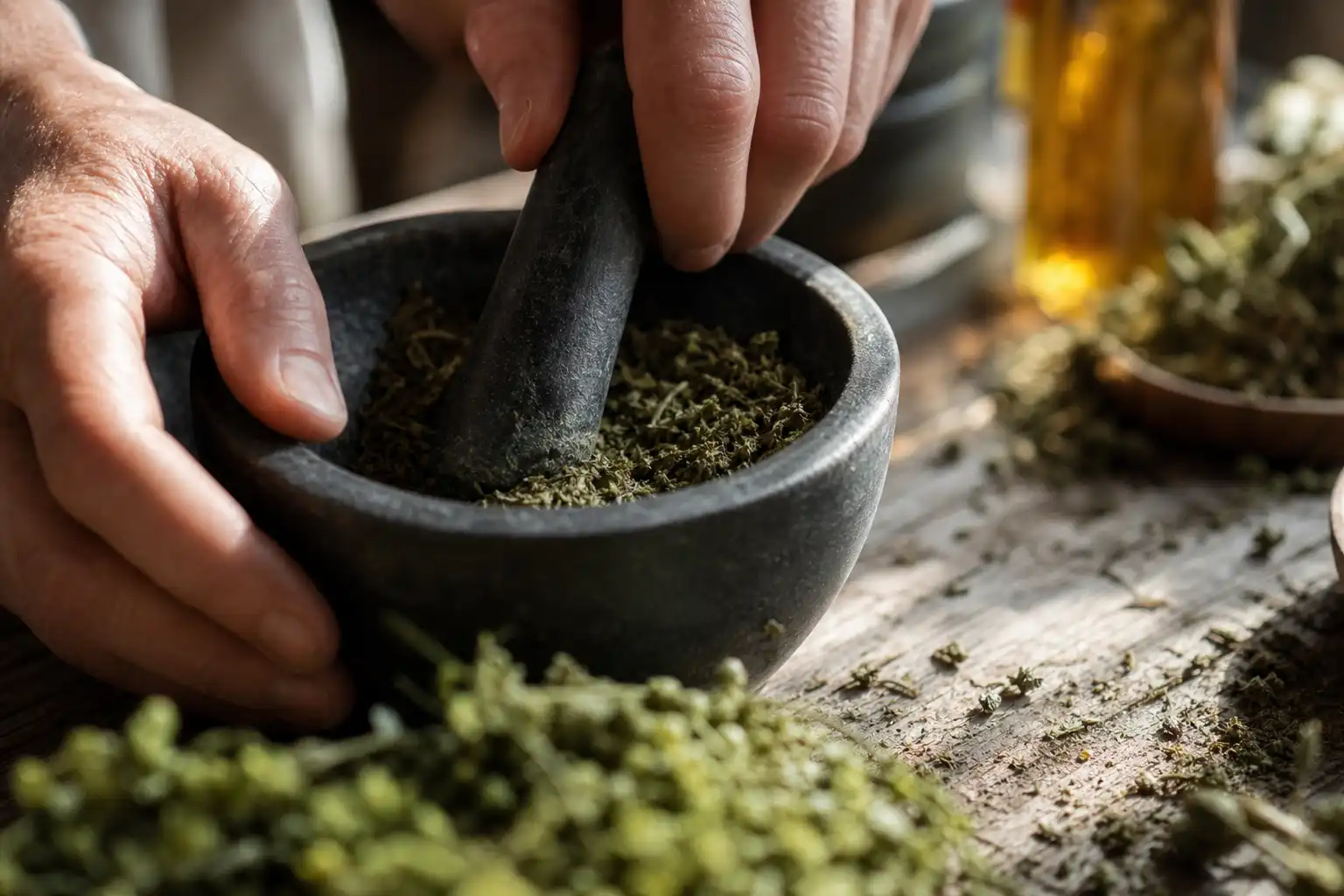 Des mains préparent quelque chose, autour de test site harvestlaboratoires, près d'une table en bois.